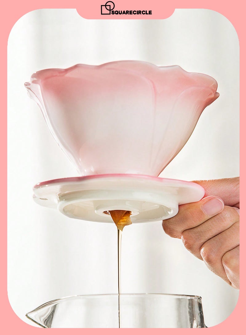 دائرة مربعة مرشح قهوة سيراميكي للتقطير، تصميم زهرة اللوتس، كوب تحضير قهوة يدوية متوافق مع ورق بلون وردي متدرج - Image 1